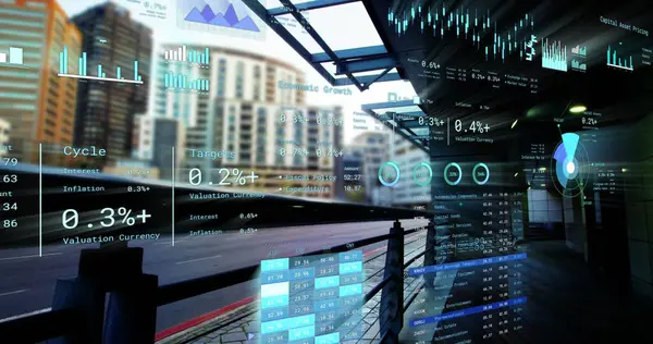 Image of financial data processing over city street. Global business, finances, computing and data processing concept digitally generated image.