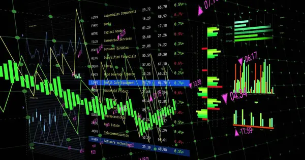Bild Der Finanzdatenverarbeitung Auf Dem Bildschirm Vor Schwarzem Hintergrund Globale — Stockfoto