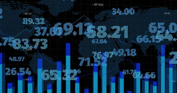 Image of financial data processing with numbers over world map on black background. Global networks, business, finances, computing and data processing concept digitally generated image.