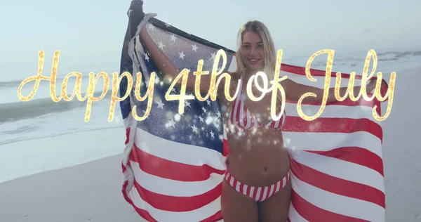 Happy 4Th July Text Caucasian Woman Wrapping American Her Beach — Stock Photo, Image