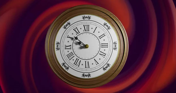 Image of clock ticking over red swirls background. Global finance, business, connections, computing and data processing concept digitally generated image.