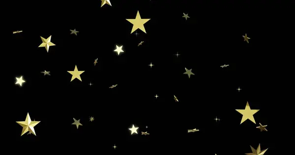 Floating gold and white christmas stars on black background. Christmas, tradition and celebration digitally generated image.