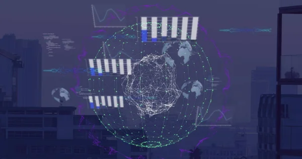 Image of globe of connections and data processing over cityscape. Global business, computing and digital interface concept digitally generated image.