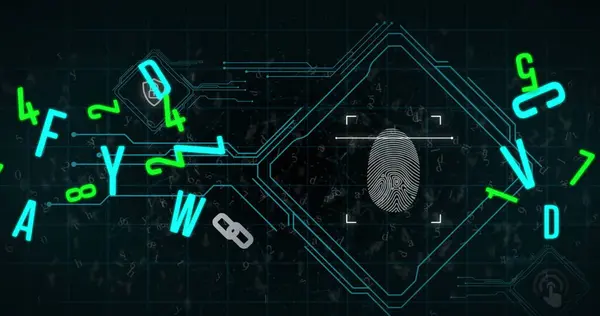 Image Biometric Fingerprint Letters Numbers Changing Scope Scanning Data Processing — Stock Photo, Image