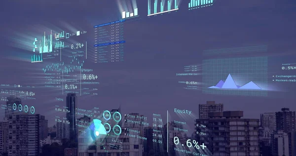 Image of financial data processing over cityscape. Global networks, business, finances, computing and data processing concept digitally generated image.