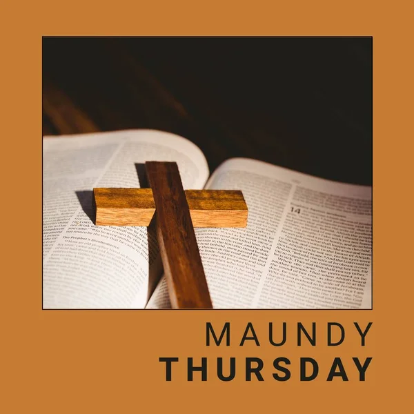 Composition of maundy thursday text over cross and holy bible on orange background. Maundy thursday tradition and religion concept digitally generated image.