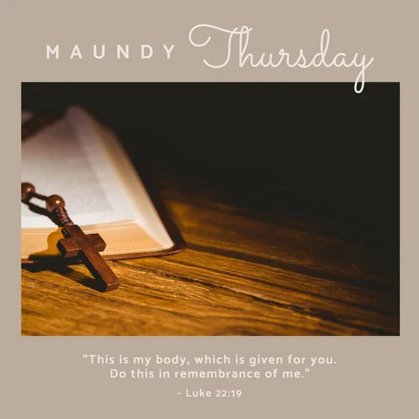 Composition of maundy thursday text over rosary and holy bible on grey background. Maundy thursday tradition and religion concept digitally generated image.