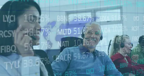 Image of digital interface showing statistics with diverse colleagues working together in an office. Digital interface and global business, digitally generated image