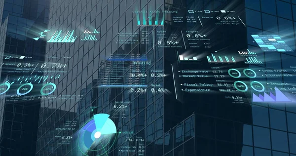 Bild Der Finanzdatenverarbeitung Über Dem Stadtbild Globale Netzwerke Wirtschaft Finanzen — Stockfoto