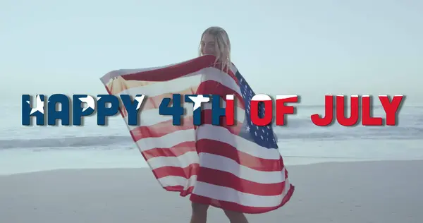 Image Happy 4Th July Text American Flag Pattern Woman Wrapped — Stock Photo, Image