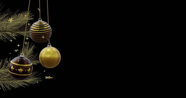 Balões Pretos Dourados Balançando Árvore Natal Com Estrelas Ouro Fundo — Fotografia de Stock
