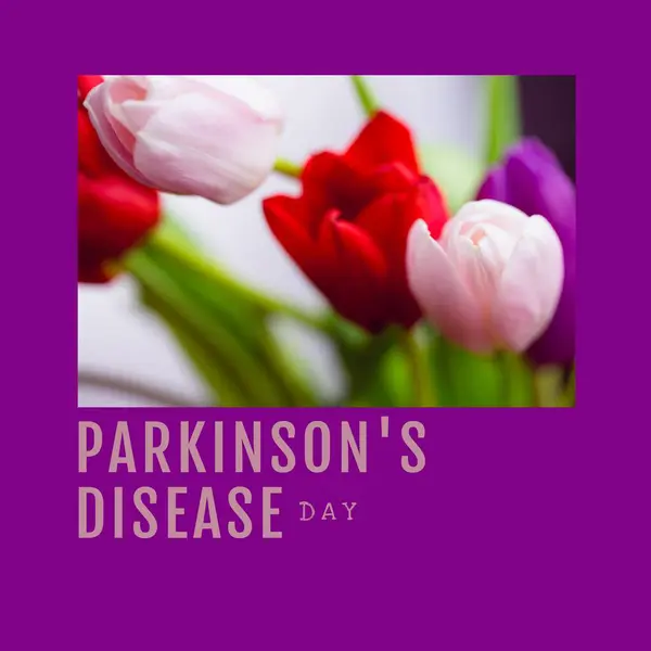 Samenstelling Van Parkinson Ziektedagtekst Een Aantal Veelkleurige Tulpen Ziektedag Bewustmakings — Stockfoto