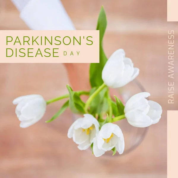 Composition Parkinson Disease Day Text Woman Holding Bunch White Tulips — Stock Photo, Image