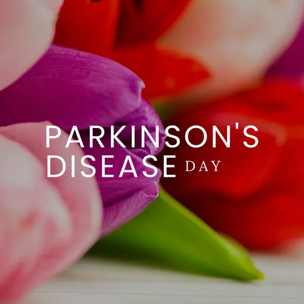Composition of parkinson\'s disease day text over bunch of multi coloured tulips. Parkinson\'s disease day, awareness and health concept digitally generated image.