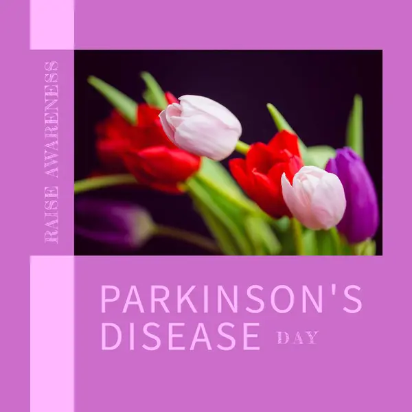 Composition of parkinson\'s disease day text over bunch of multi coloured tulips. Parkinson\'s disease day, awareness and health concept digitally generated image.