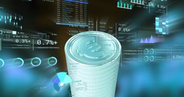 Avro paralarının üzerinde mali veri işleme resmi. Küresel iş, finans, hesaplama ve veri işleme kavramı dijital olarak oluşturulmuş görüntü.