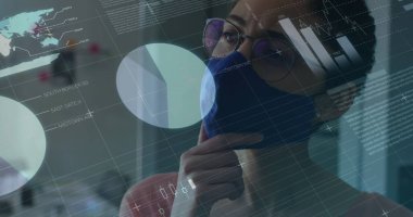 Ofisteki yüz maskesi takan bir kadının istatistik kaydı. küresel covid 19 salgın hastalık, sağlık ve tıp konsepti dijital olarak üretilen görüntü.