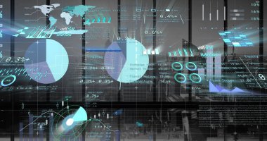 Şehir manzarası üzerinde finansal veri işleme resmi. Küresel iş, finans, hesaplama ve veri işleme kavramı dijital olarak oluşturulmuş görüntü.