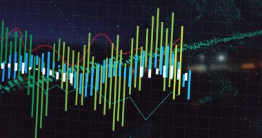 Siyah arkaplan üzerinden finansal veri işleme resmi. Küresel iş, finans, hesaplama ve veri işleme kavramı dijital olarak oluşturulmuş görüntü.