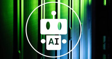 Ai metin ve simgesinin resmi, bilgisayar sunucularında veri işleme. Küresel yapay zeka, dijital arayüz, hesaplama ve veri işleme kavramı dijital olarak oluşturuldu.