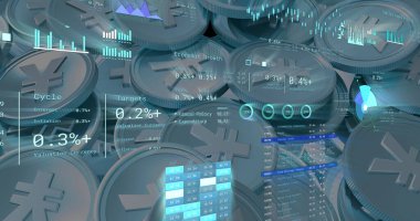 Japon yenleri üzerinden finansal veri işleme görüntüsü. Küresel iş, finans, hesaplama ve veri işleme kavramı dijital olarak oluşturulmuş görüntü.