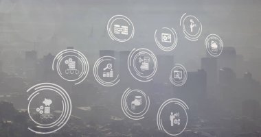 ai metin ve simge resmi, şehir manzarası üzerinde veri işleme. Küresel yapay zeka, dijital arayüz, hesaplama ve veri işleme kavramı dijital olarak oluşturuldu.