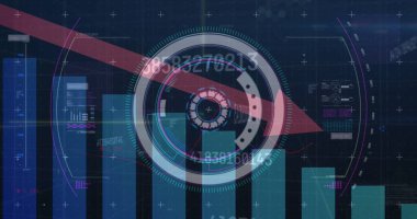 İstatistiklerle aşağıya bakan ok resmi, arka planda değişen sayılar ve tarama alanı. Dijital arayüz küresel bağlantı ve dijital olarak oluşturulan iletişim konsepti.