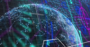 Arkaplanda dünya çapında tarama ve bağlantı ağı görüntüsü. Dijital arayüz küresel bağlantı ve dijital olarak oluşturulan iletişim konsepti.