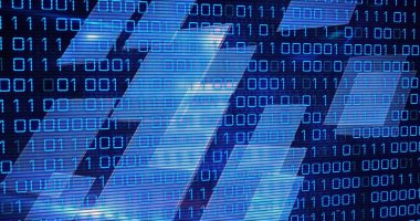 Karanlık arka planda veri işleme resmi. Küresel bağlantılar, veri işleme ve dijital arayüz konsepti dijital olarak oluşturulmuş resim.