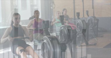 Grafik üzerinde veri işleme görüntüsü. Çeşitli kadınlar spor salonunda eliptik üzerinde çapraz eğitimdeler. Fitness, egzersiz, güç, veri, dijital arayüz ve dijital olarak üretilen görüntü.