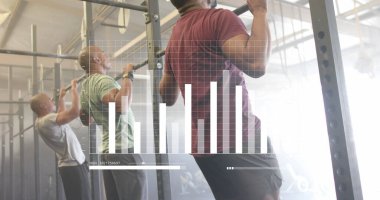 Beden eğitiminde çeşitli erkek gruplarının barfiks çekerek veri işleme görüntüleri. Fitness, egzersiz, güç, veri, dijital arayüz ve dijital olarak üretilen görüntü.