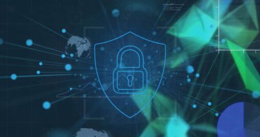 Dünya üzerinde asma kilit ve veri işleme görüntüsü. Küresel çevrimiçi güvenlik, bulut hesaplama, dijital arayüz ve veri işleme kavramı dijital olarak oluşturuldu.