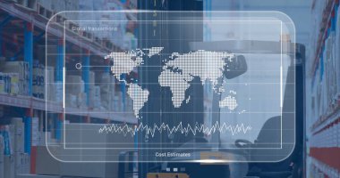 Depodaki harita verilerinin resmi. Küresel ağlar, işletmeler, finansmanlar, hesaplama ve veri işleme kavramı dijital olarak oluşturuldu.