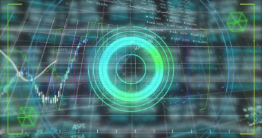Arkaplanda tarama ve finansal veri işleme görüntüsü. Dijital arayüz küresel bağlantı ve dijital olarak oluşturulan iletişim konsepti.