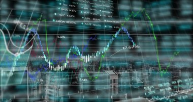 Siyah arkaplan üzerinden finansal veri işleme resmi. Küresel iş, finans, hesaplama ve veri işleme kavramı dijital olarak oluşturulmuş görüntü.