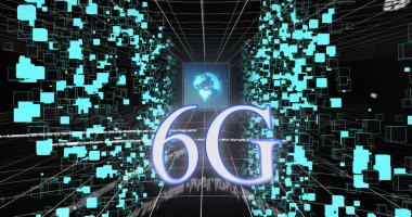 6G metin görüntüsü, bağlantıları olan dünya. Küresel ağlar, dijital arayüz, hesaplama ve veri işleme kavramı dijital olarak oluşturuldu.