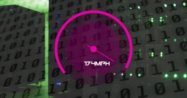 Veri işleme üzerinde hız göstergesi resmi. Bulut hesaplama, dijital arayüz ve dijital olarak oluşturulmuş güvenlik konsepti.