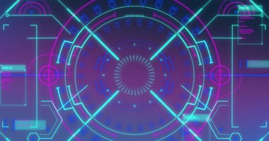 Mor arkaplan üzerinde tarama ve veri işleme resmi. Dijital arayüz küresel bağlantı ve dijital olarak oluşturulan iletişim konsepti.