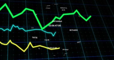 Siyah arkaplanda küre ve grafikler. veri işleme, küresel ağ ve teknoloji konsepti dijital olarak oluşturulmuş görüntü.