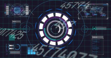 Kapsam taraması resmi ve arka plandaki ızgara ve dünya haritası üzerinde değişen numaralar. Dijital arayüz küresel bağlantı ve dijital olarak oluşturulan iletişim konsepti.