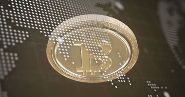 Altın bitcoin üzerinden finansal veri işleme görüntüsü. Küresel kripto para birimi, işletme, finans, hesaplama ve veri işleme kavramı dijital olarak oluşturulmuş görüntü.