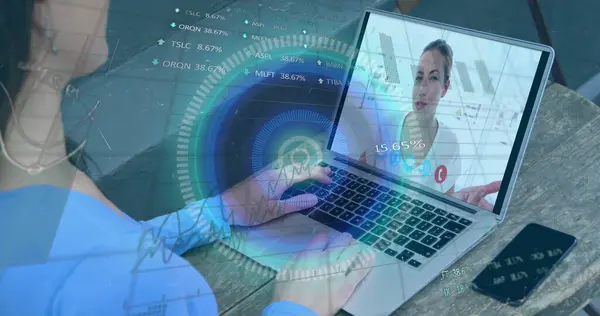 Image Scope Scanning Data Processing Woman Using Laptop Image Call — Stock Photo, Image