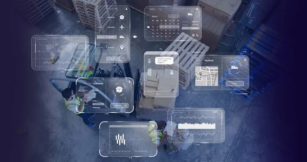 Image of data processing on screens over warehouse. Global networks, digital interface, computing and data processing concept digitally generated image.