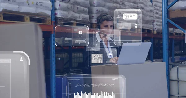 Image Data Processing Screen Caucasian Woman Working Warehouse Global Shipping — Stock Photo, Image