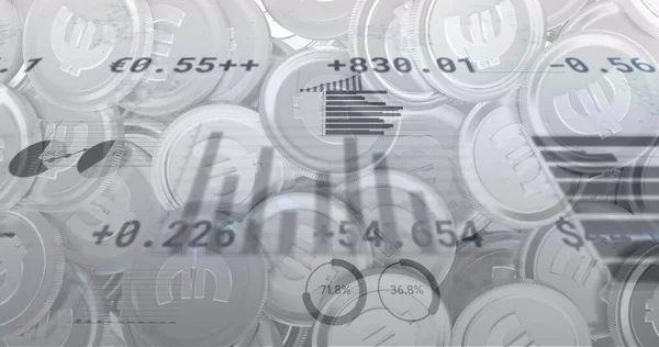 Image of financial data processing over euro currency coins. Global business, finances, computing and data processing concept digitally generated image.