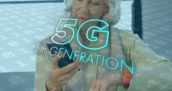 Image 5Th Generation Text Senior Woman Using Smartphone Background Digital — Stock Photo, Image