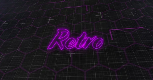 Image of glowing purple retro neon flickering text over hexagons and grid. Digital interface global connection and communication concept digitally generated image.
