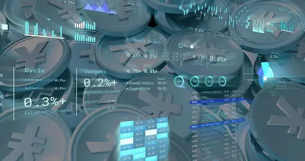 Japon yenleri üzerinden finansal veri işleme görüntüsü. Küresel iş, finans, hesaplama ve veri işleme kavramı dijital olarak oluşturulmuş görüntü.