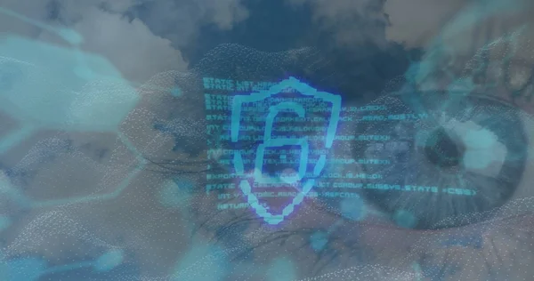 Image of padlock and data processing over blue eye. Global online security, digital interface, computing and data processing concept digitally generated image.