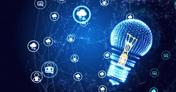 Изображение лампочки, соединений и обработки данных. Глобальное электричество, облачные вычисления, цифровой интерфейс и концепция обработки данных в цифровом виде.